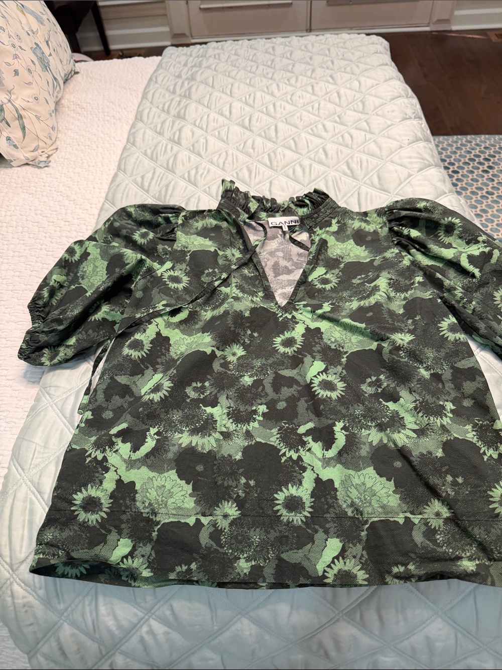 Ganni Green & Black Floral Puff-Sleeve Top